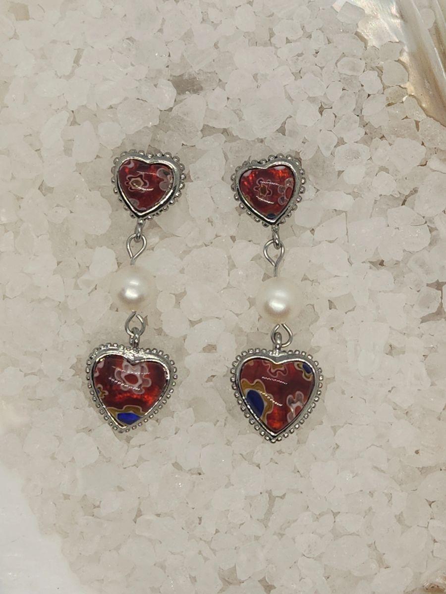 Millefiori Glass Hearts On Stainless Steel Studs Earring Setting