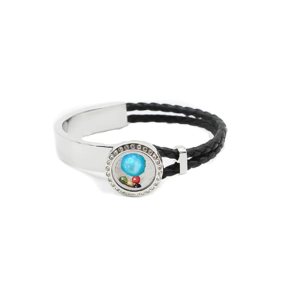 Round Rhinestone Xlocket On Leather & Steel Bracelet