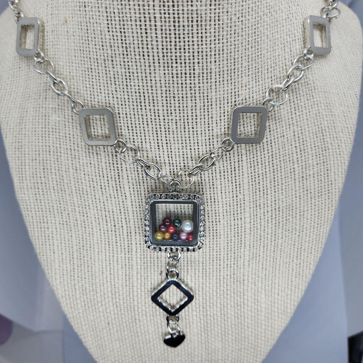 Square Rhinestone Locket Necklace